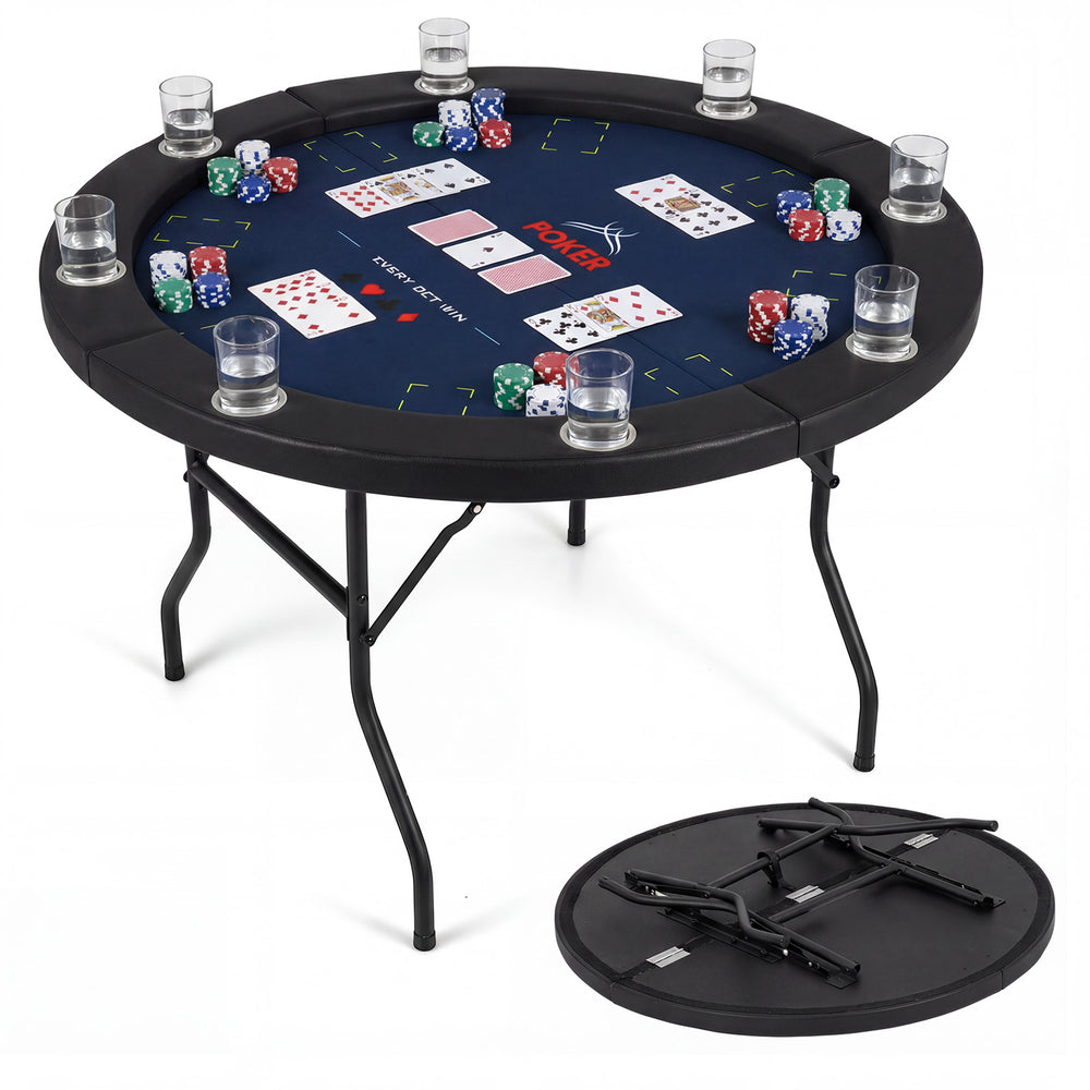 48-inch foldable poker table with blue surface, 8 cup holders, padded edges, and sturdy metal legs for game nights.