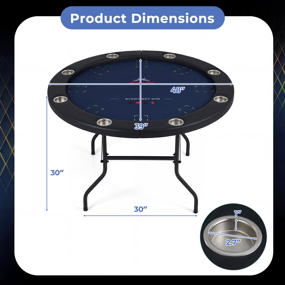 48-inch foldable poker table with blue surface, 8 cup holders, and padded edges, perfect for game nights and parties.