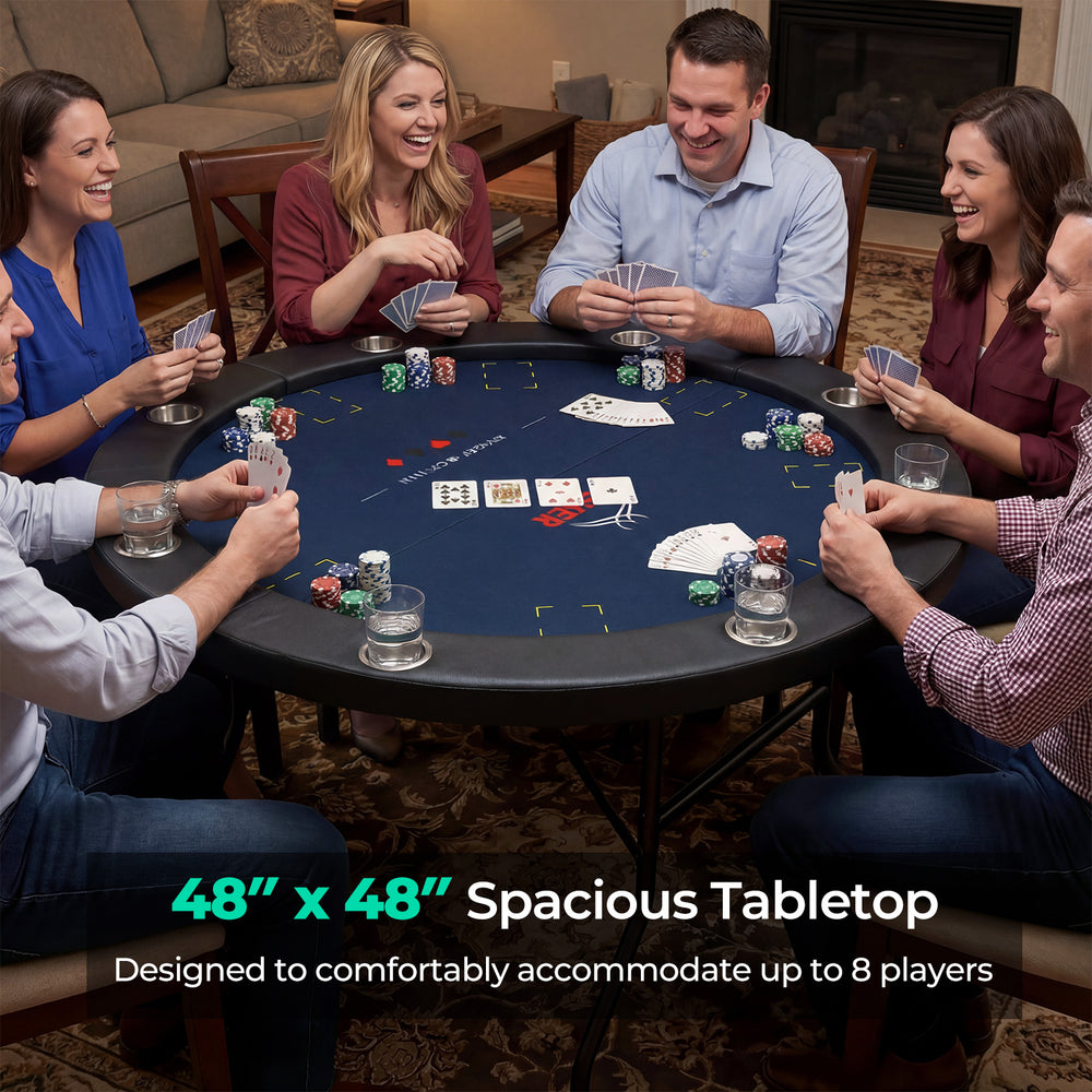 Spacious 48" foldable poker table with padded edges and 8 cup holders, perfect for game nights with up to 8 players.