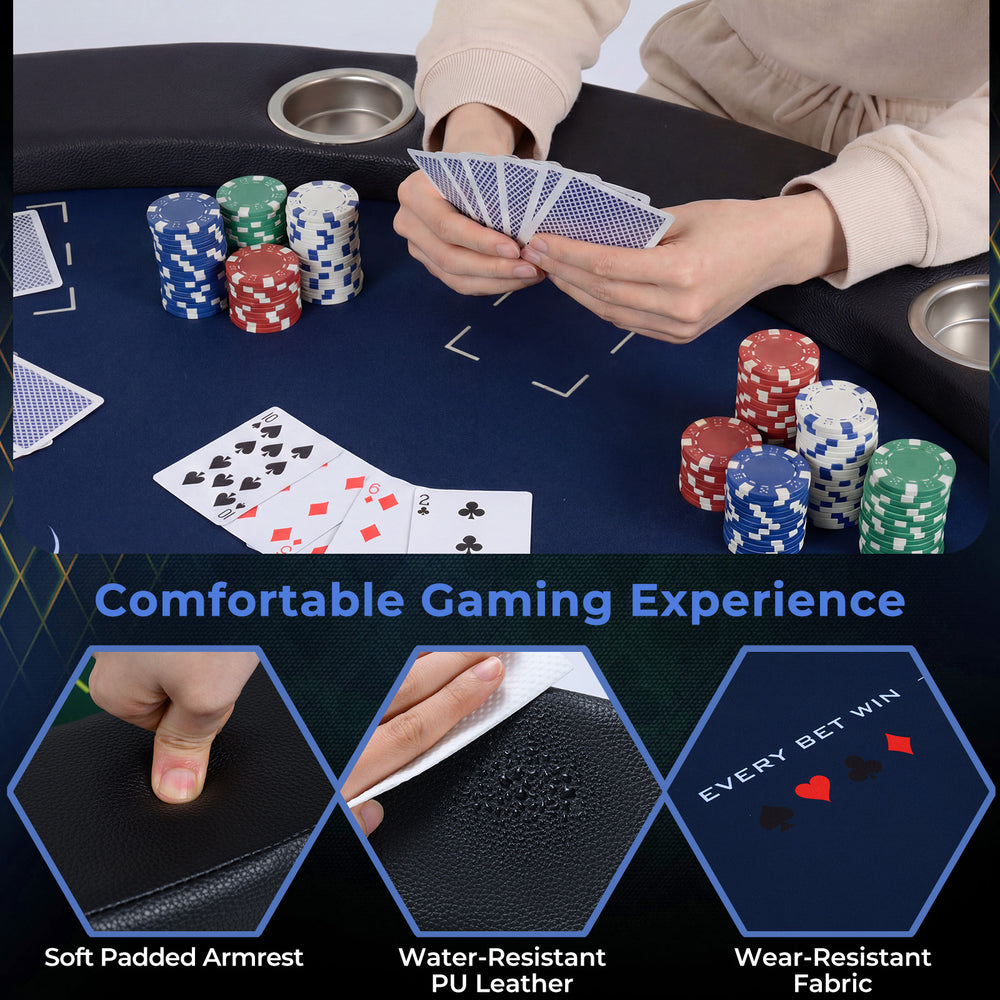 Foldable 48-inch poker table with padded armrests, water-resistant PU leather, ideal for game nights and tournaments.