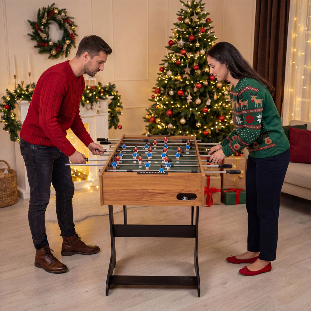 Folding 48-inch soccer table with realistic graphics and anti-slip handles, perfect for family game nights and gatherings.