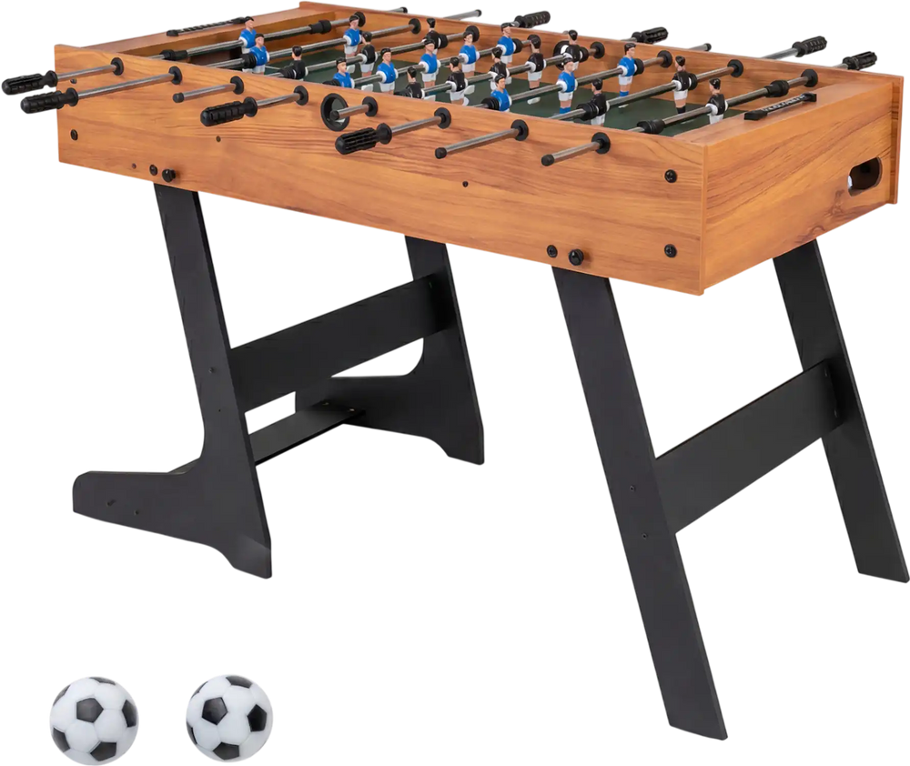 Folding 48-inch soccer table with natural wood finish, anti-slip handles, and reinforced metal rods for stable play.