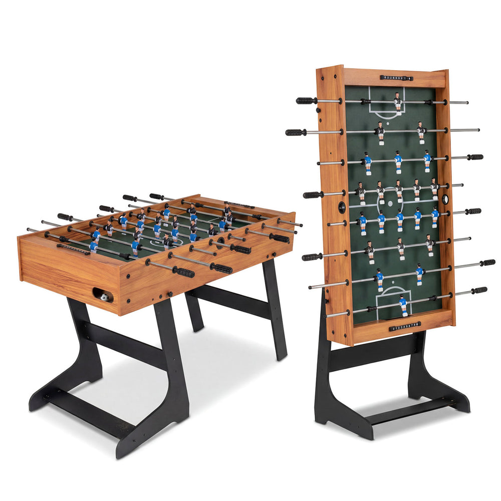 Folding 48-inch soccer table with reinforced metal rods and anti-slip handles, perfect for family game nights and gatherings.