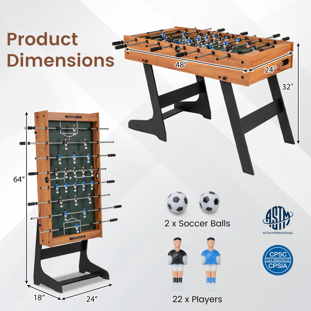 48-inch folding soccer table with natural finish, featuring reinforced metal rods and anti-slip handles for stable play.