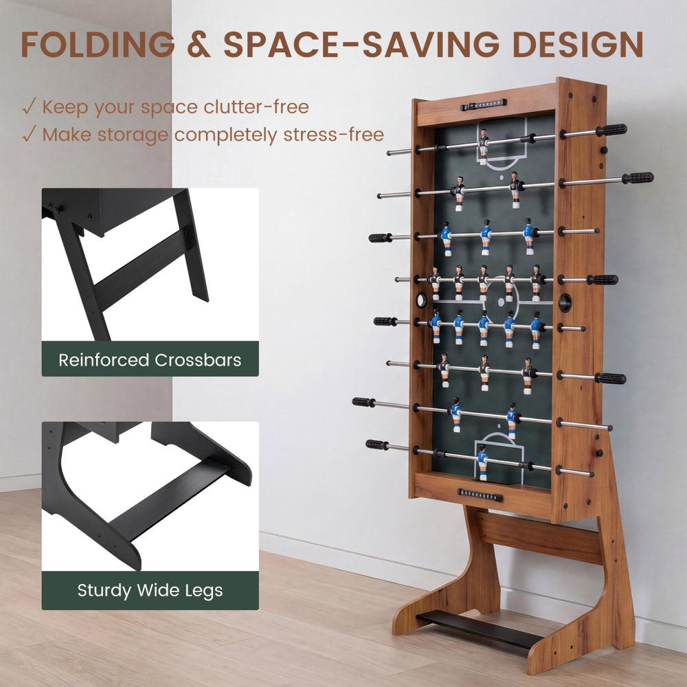 Folding 48-inch soccer table with reinforced crossbars and sturdy legs, perfect for home game rooms and gatherings.