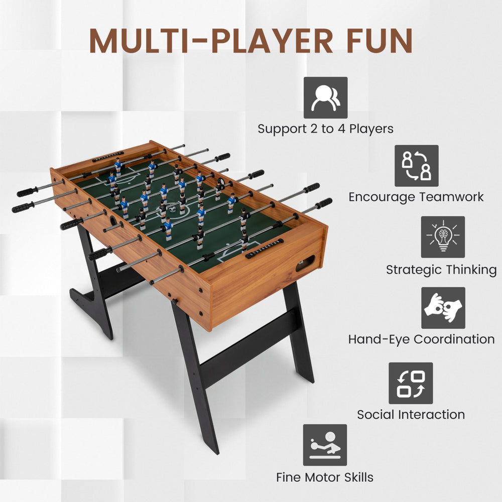 Folding 48-inch soccer table with realistic graphics, sturdy legs, and anti-slip handles for family game fun.