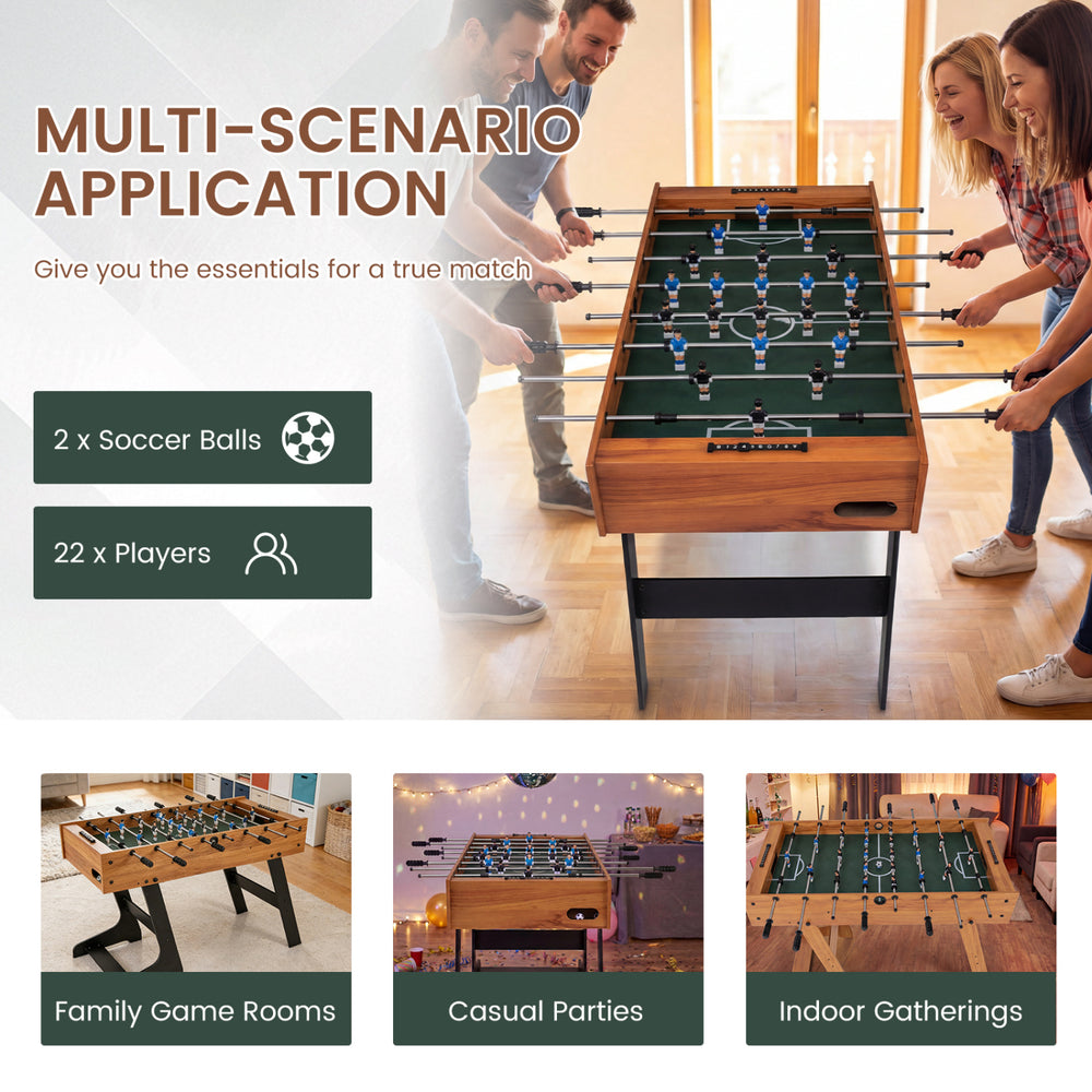 Folding 48-inch soccer table with realistic graphics, anti-slip handles, and sturdy legs for family game rooms and gatherings.