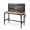 Heavy-duty 48-inch workbench with rubber wood top, AC/USB outlets, and pegboard for organized tool storage.