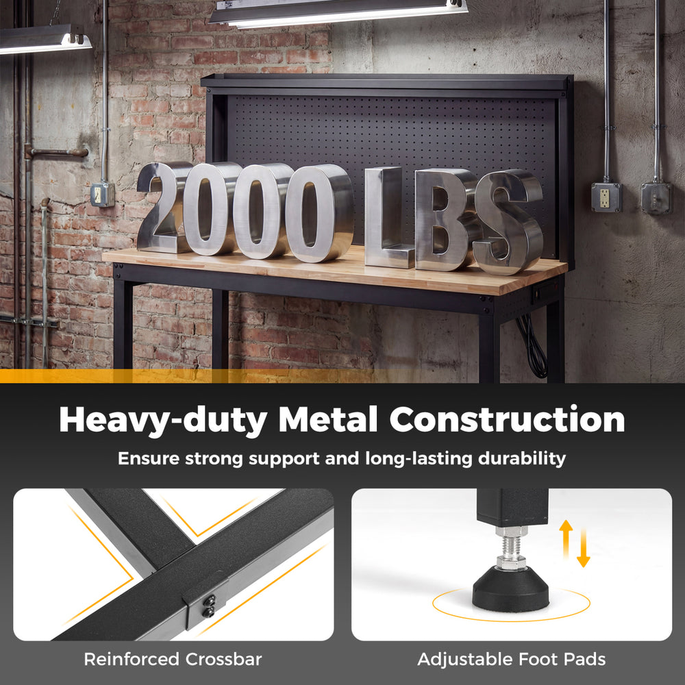 48-inch heavy-duty workbench with metal frame, 2000 lbs capacity, AC/USB outlets, and pegboard for garage or workshop.