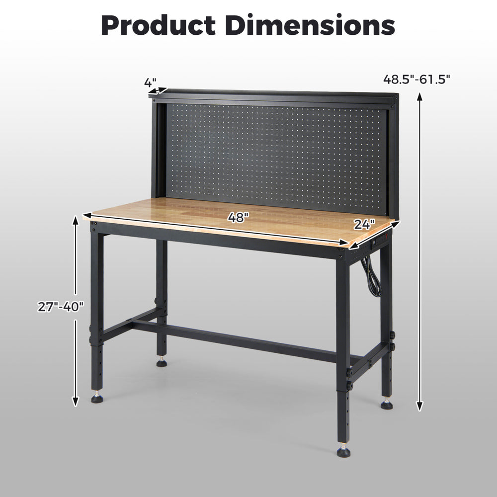 48-inch heavy-duty workbench with adjustable height, AC/USB outlets, and pegboard for garage or workshop use.