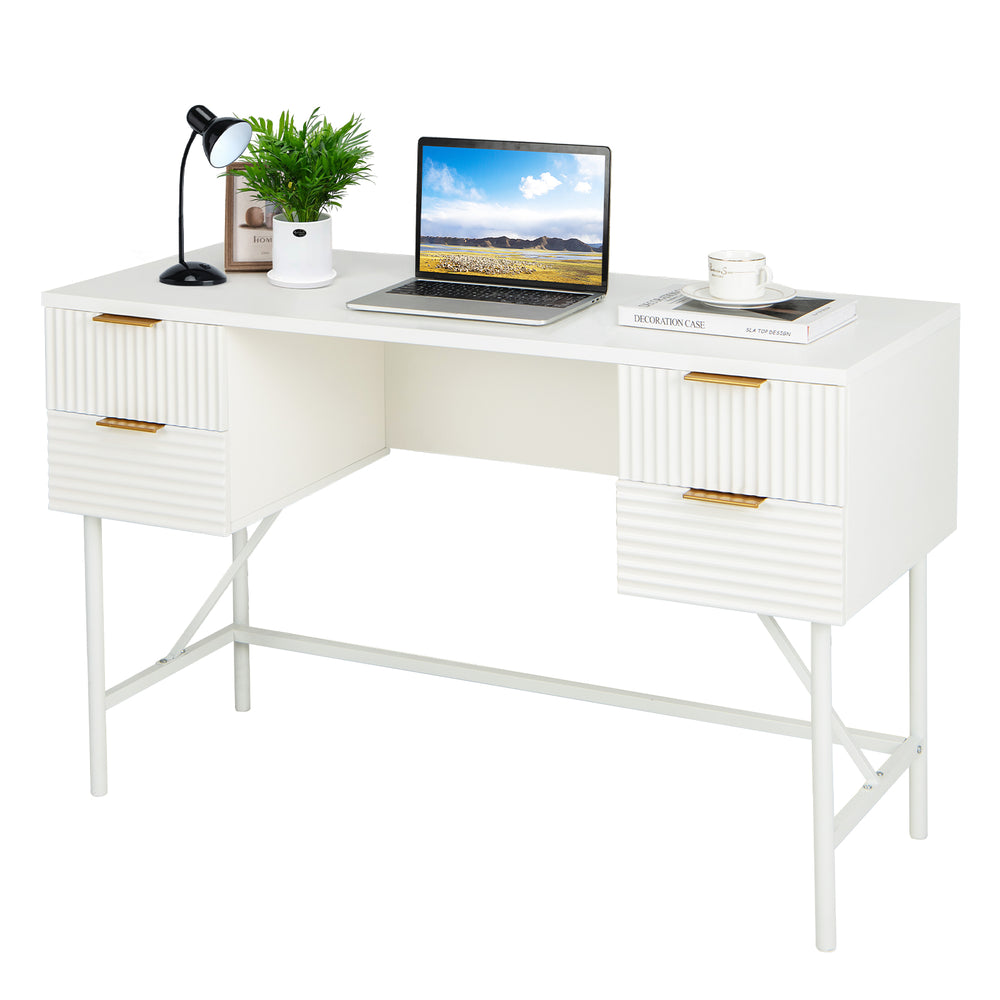 48-inch white home office computer desk with 4 drawers, sturdy metal frame, ideal for writing and studying.