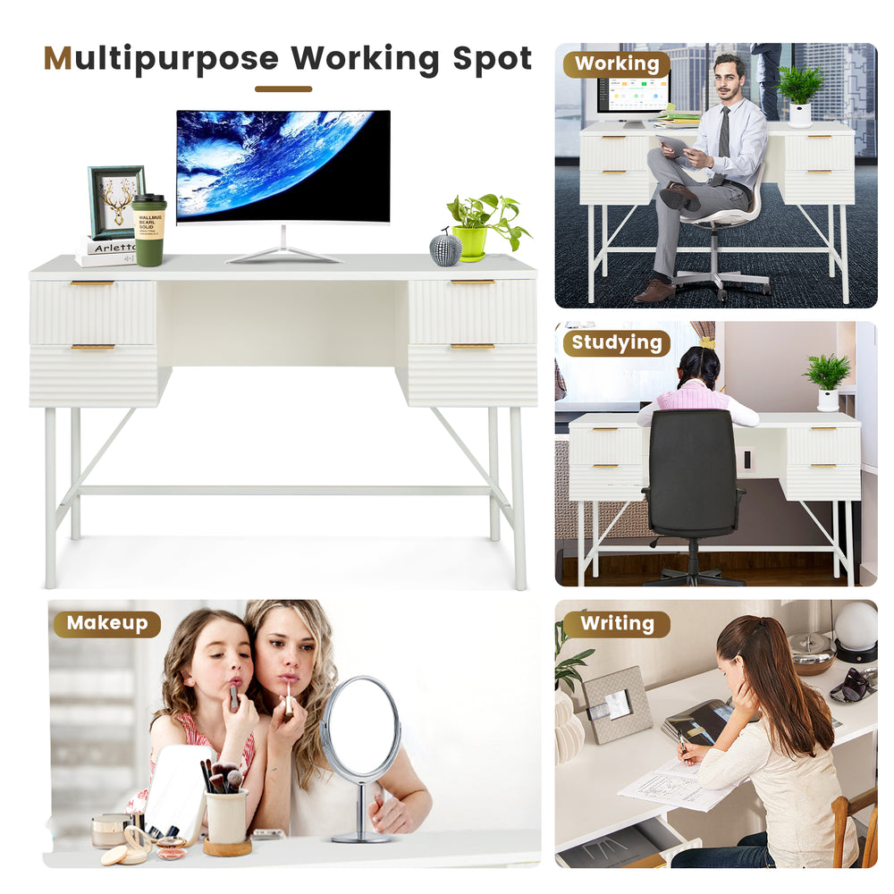 48-inch white home office computer desk with 4 drawers, ideal for writing, studying, and organizing office essentials.