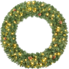 48-inch pre-lit artificial Christmas wreath with 150 warm white LED lights and 6 realistic pine cones for festive decor.