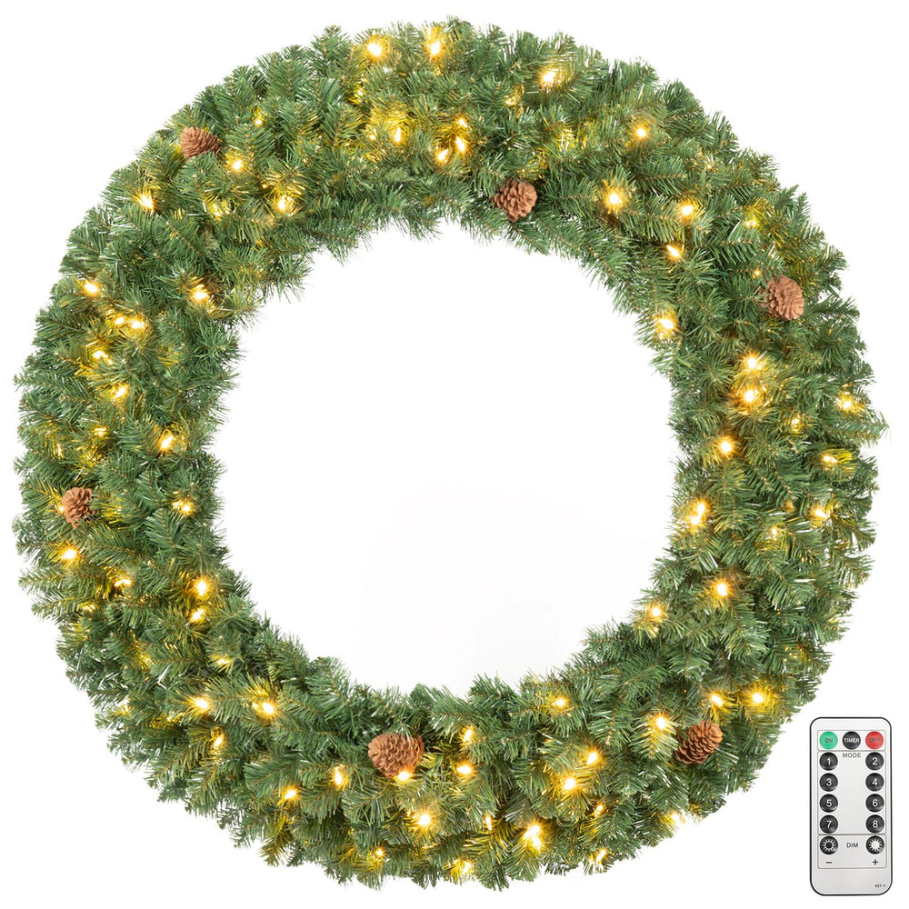 48-inch pre-lit artificial Christmas wreath featuring 150 warm white LED lights, 6 pine cones, and remote control for easy use.