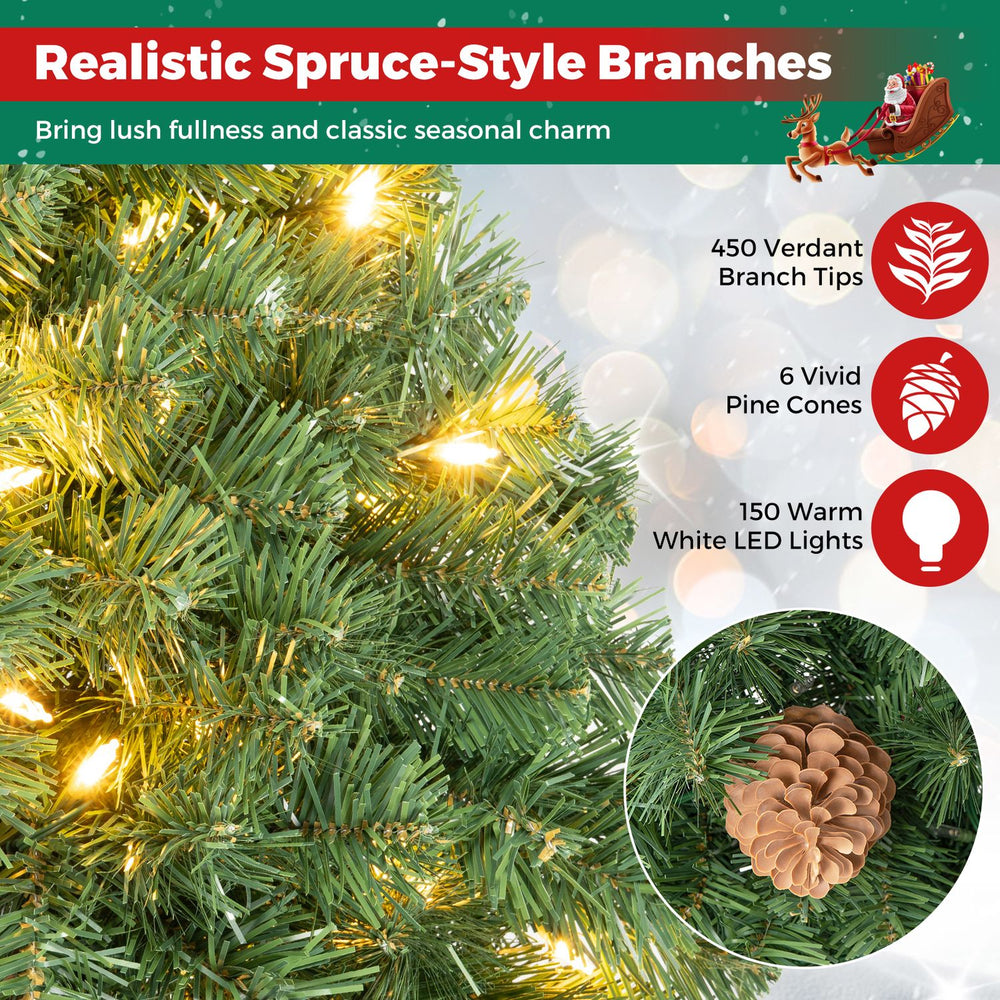 48-inch pre-lit artificial Christmas wreath featuring 450 branch tips, 150 warm white LED lights, and 6 pine cones for festive decor.