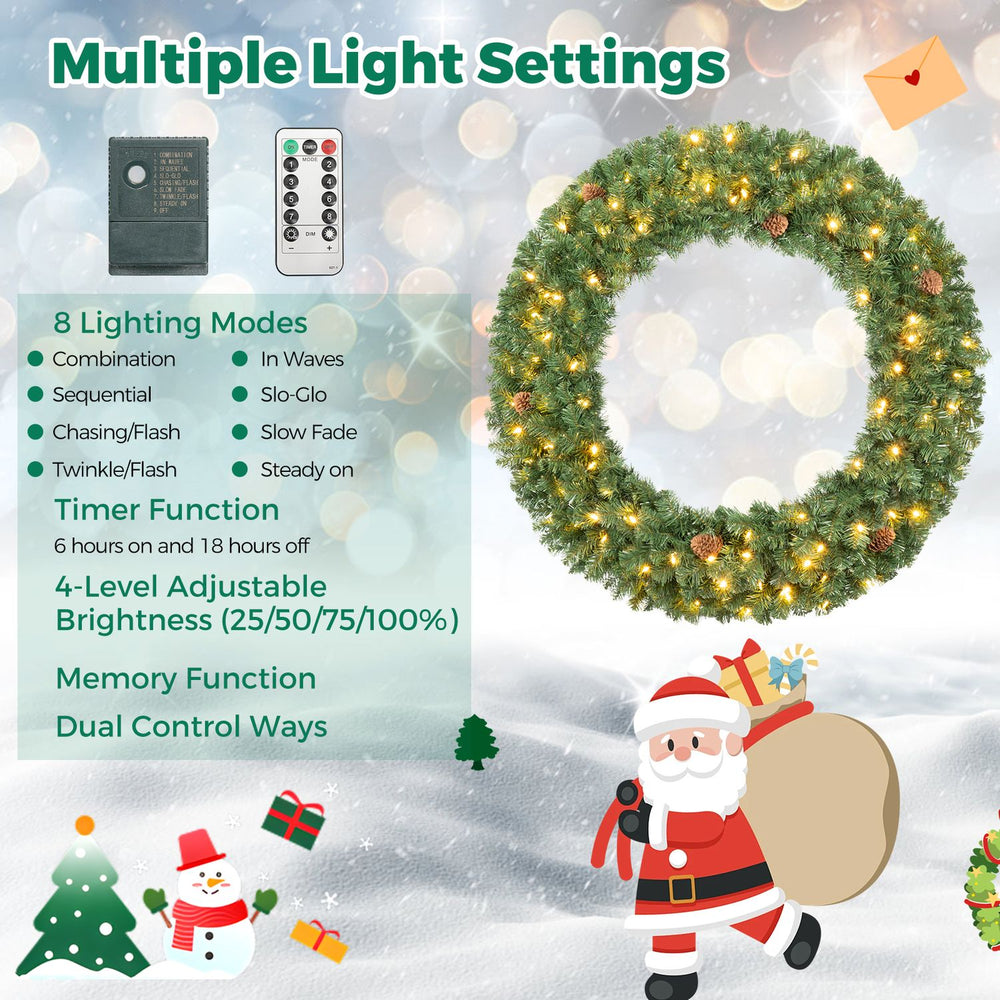 48-inch pre-lit artificial Christmas wreath with 150 warm white LEDs, featuring 8 lighting modes and a timer function.