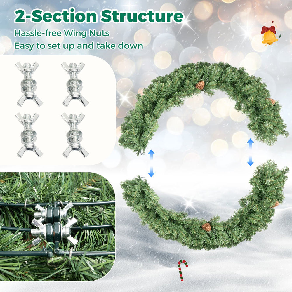 48-inch pre-lit artificial Christmas wreath with 150 warm white LED lights and 2-section structure for easy setup.