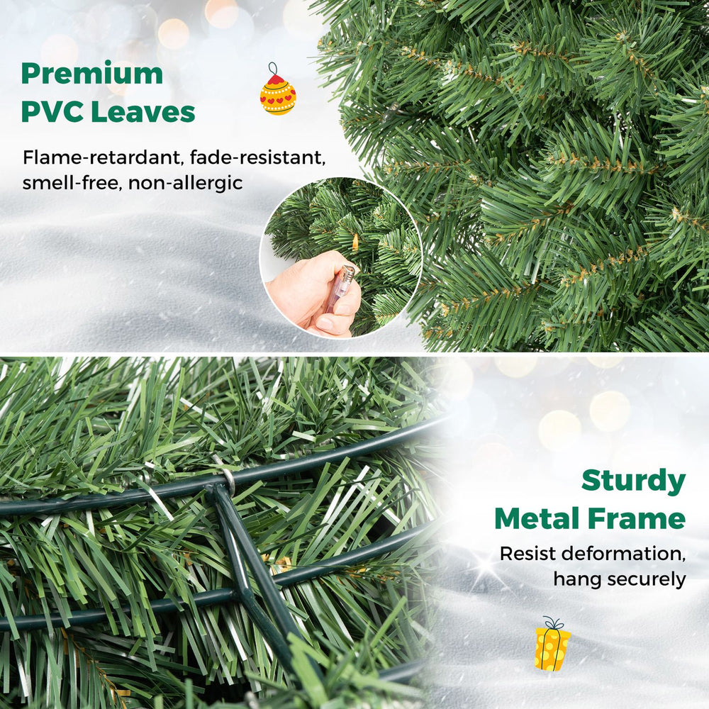 48-inch pre-lit artificial Christmas wreath featuring dense PVC leaves, warm white LED lights, and a sturdy metal frame.