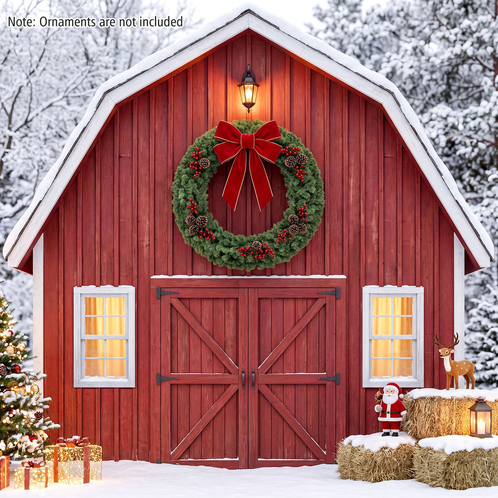 Large 48-inch pre-lit Christmas wreath with a classic design and 200 warm white LED lights, perfect for seasonal celebrations.