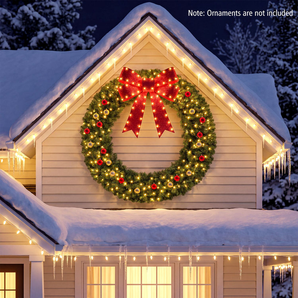 Large 48-inch pre-lit Christmas wreath with 200 warm white LED lights, perfect for festive wall or window decoration.