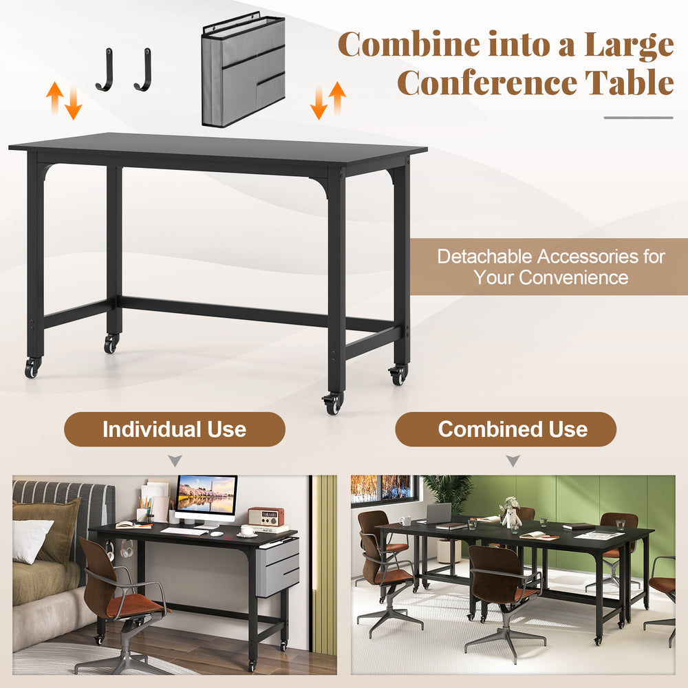 Mobile computer workstation with a 48" black tabletop and heavy-duty metal legs, featuring 4 smooth casters for easy.