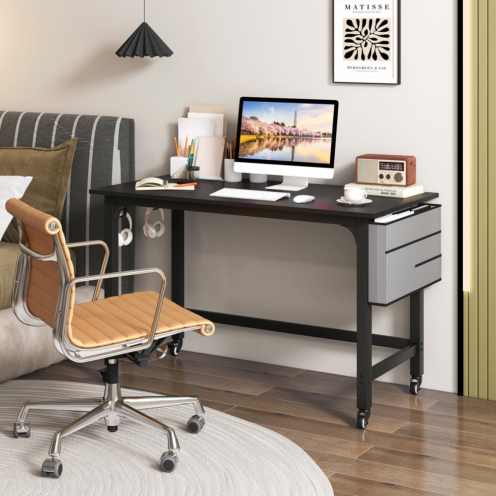 Mobile computer workstation with 48" black tabletop, heavy-duty metal legs, and 4 smooth casters for easy mobility.