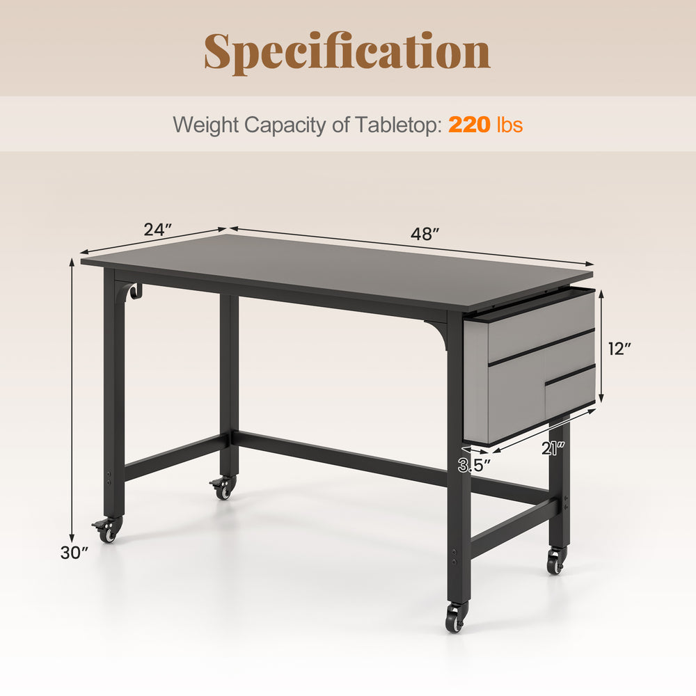 Mobile computer workstation with a 48" black tabletop, featuring 2 drawers and 4 smooth casters for easy mobility.