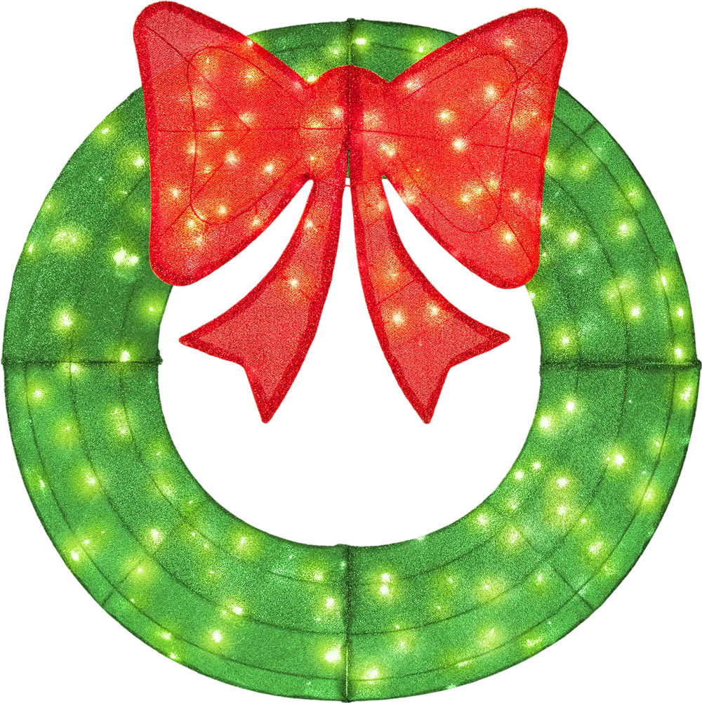 48-inch pre-lit Christmas mesh wreath with red bow and 200 LED lights, perfect for indoor and outdoor holiday decor.