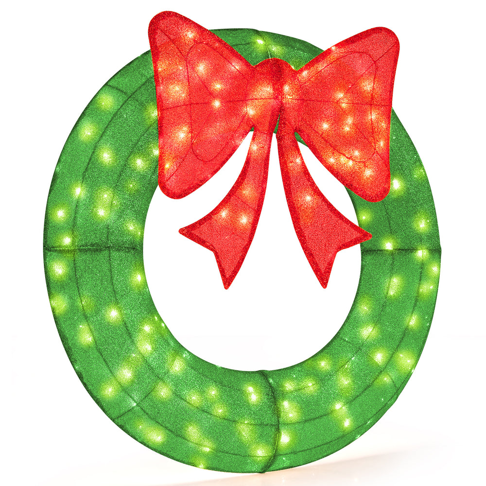 48-inch pre-lit green Christmas mesh wreath with a red bow and 200 LED lights, perfect for indoor or outdoor decoration.