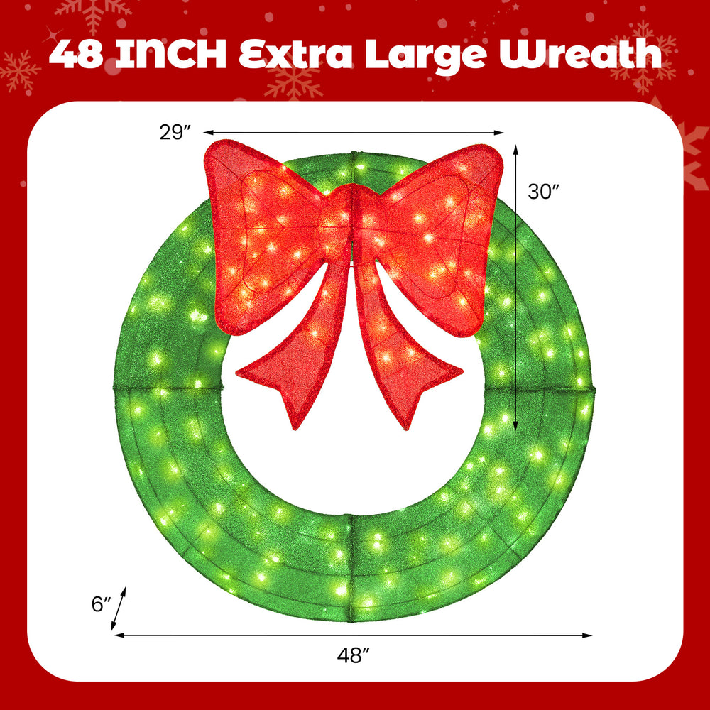 48-inch pre-lit Christmas mesh wreath with red bow and 200 LED lights, perfect for indoor and outdoor holiday.