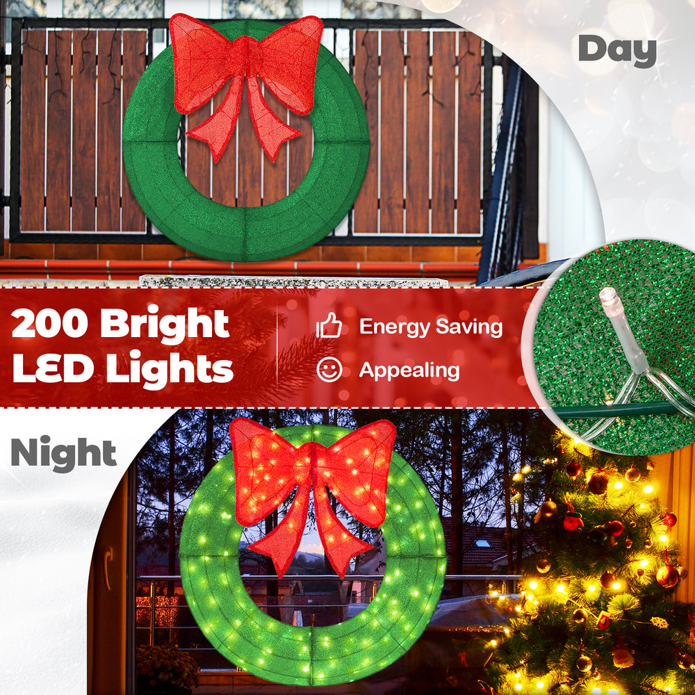 Extra large 48-inch pre-lit Christmas mesh wreath with a vibrant red bow, showcasing 200 LED lights for festive.