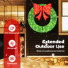 48-inch pre-lit Christmas mesh wreath with red bow and 200 LED lights, designed for outdoor use and weatherproof.