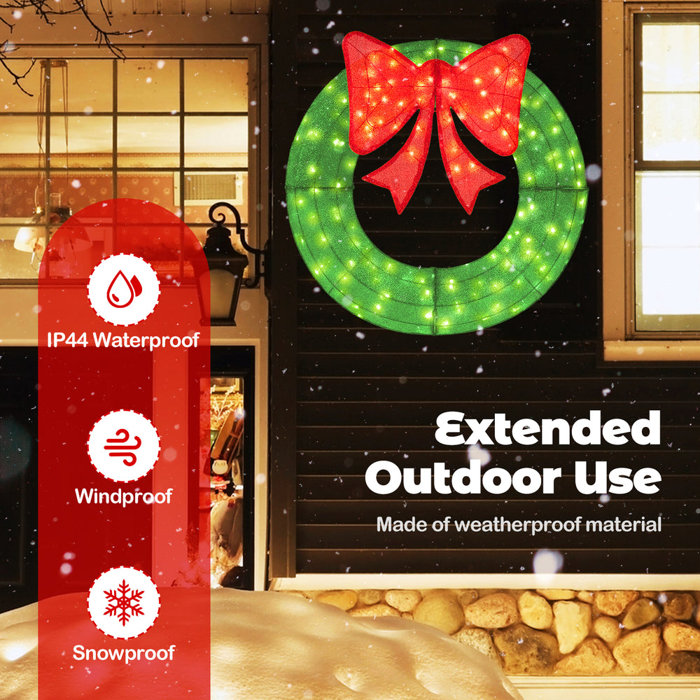 48-inch pre-lit Christmas mesh wreath with red bow and 200 LED lights, designed for outdoor use and weatherproof.