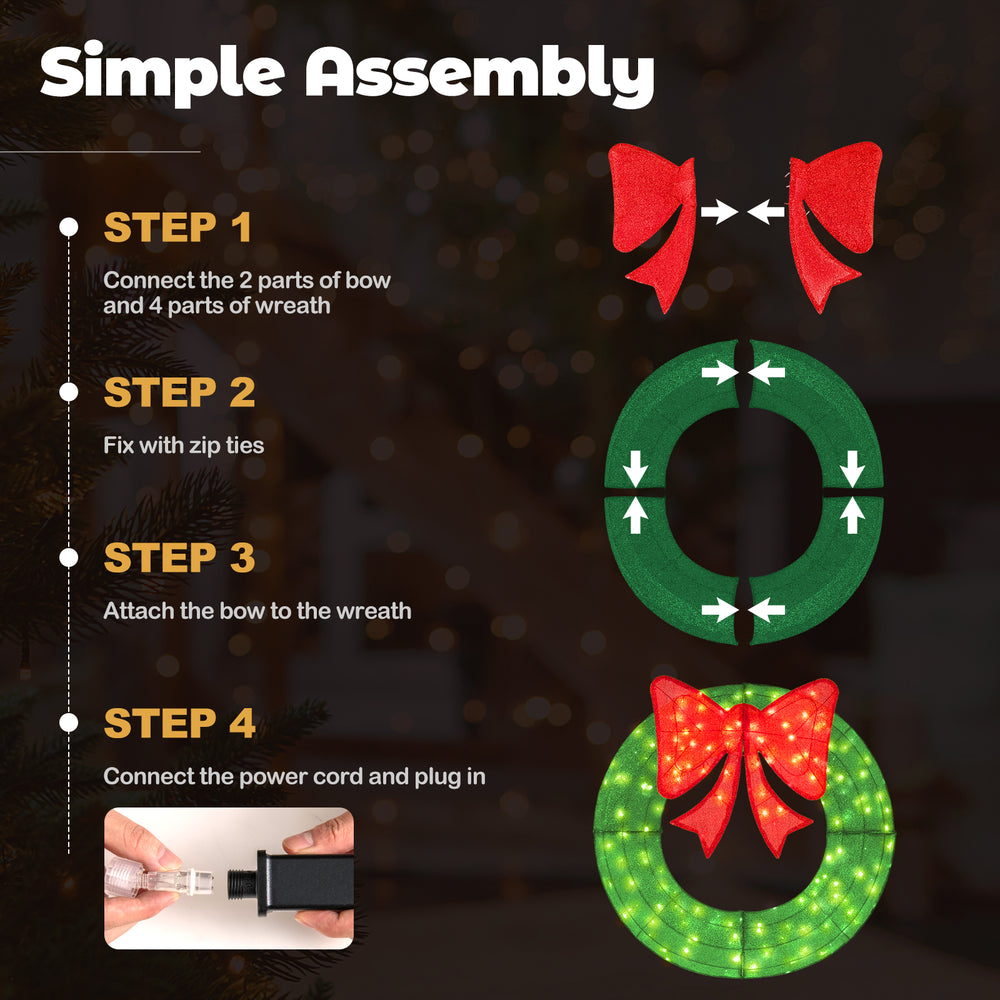 48-inch pre-lit Christmas mesh wreath assembly steps with red bow and 200 LED lights for indoor and outdoor use.