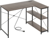 Reversible L-shaped computer desk with gray engineered wood, adjustable shelves, and compact design for small spaces.