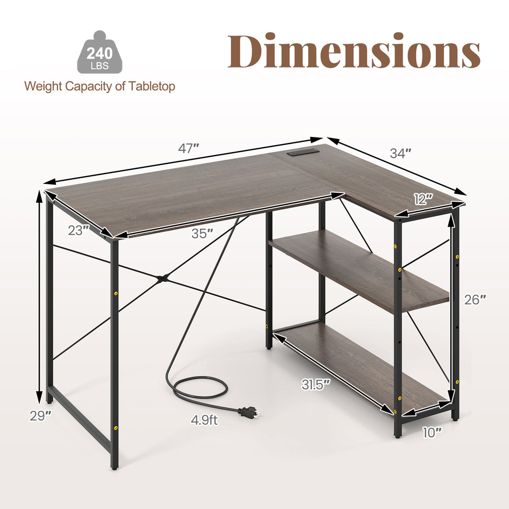 Reversible L-shaped computer desk with adjustable shelf, gray finish, compact design for small spaces and corners.