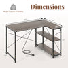 Reversible L-shaped computer desk with adjustable shelf, gray finish, compact design for small spaces and corners.