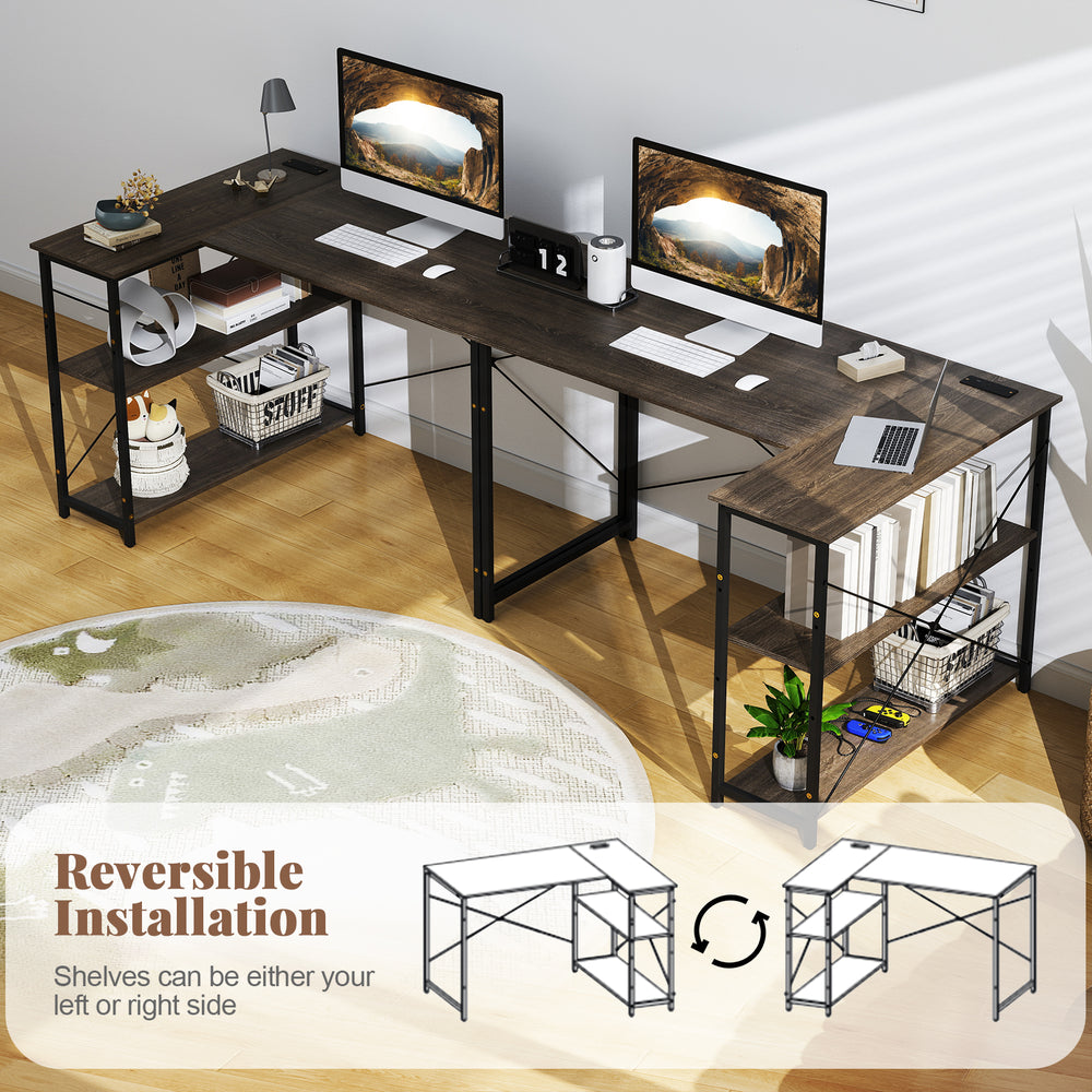 48-inch reversible L-shaped computer desk in gray with adjustable shelves, perfect for small spaces and home offices.