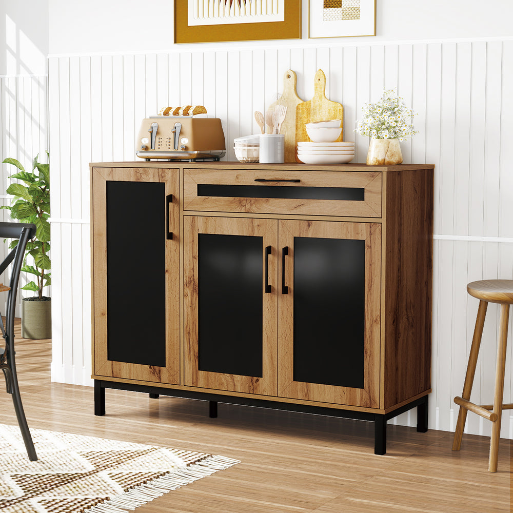 48-inch sideboard buffet cabinet in natural wood with black accents, featuring a drawer and two cabinets for versatile.