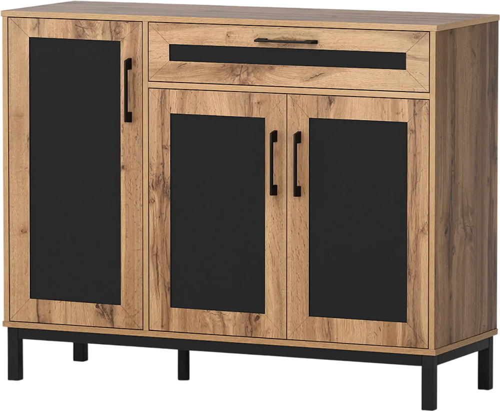 48-inch sideboard buffet cabinet with natural wood grain, black accents, large drawer, and metal legs for versatile.