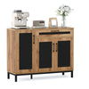 Natural wood sideboard buffet cabinet with black doors and a spacious countertop, ideal for kitchen or entryway.