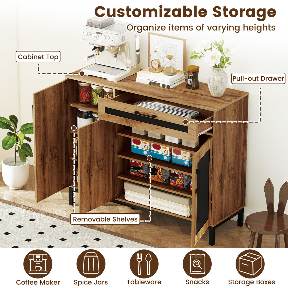 48-inch sideboard buffet cabinet with a large drawer, removable shelves, and metal legs for versatile kitchen storage.