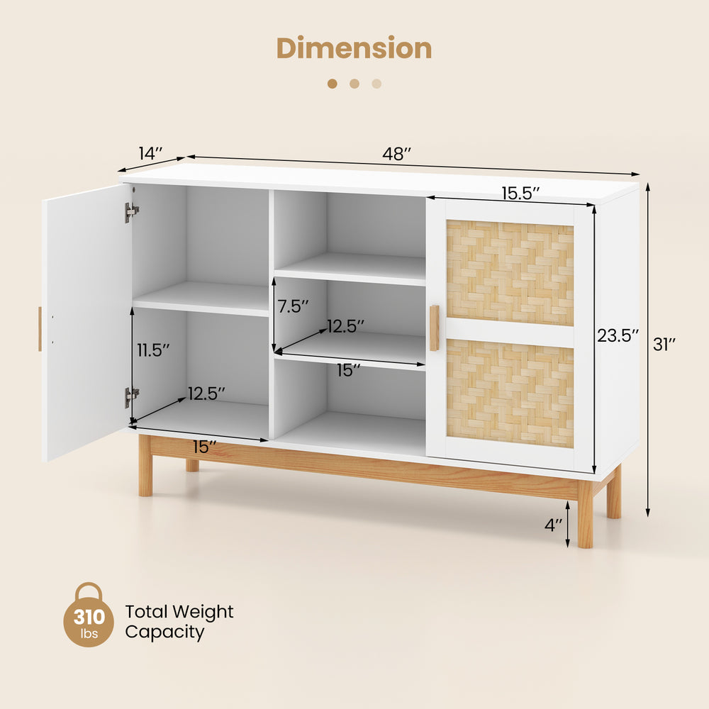 48-inch sideboard buffet cabinet with bamboo woven doors, featuring solid wood legs and ample storage for home decor.