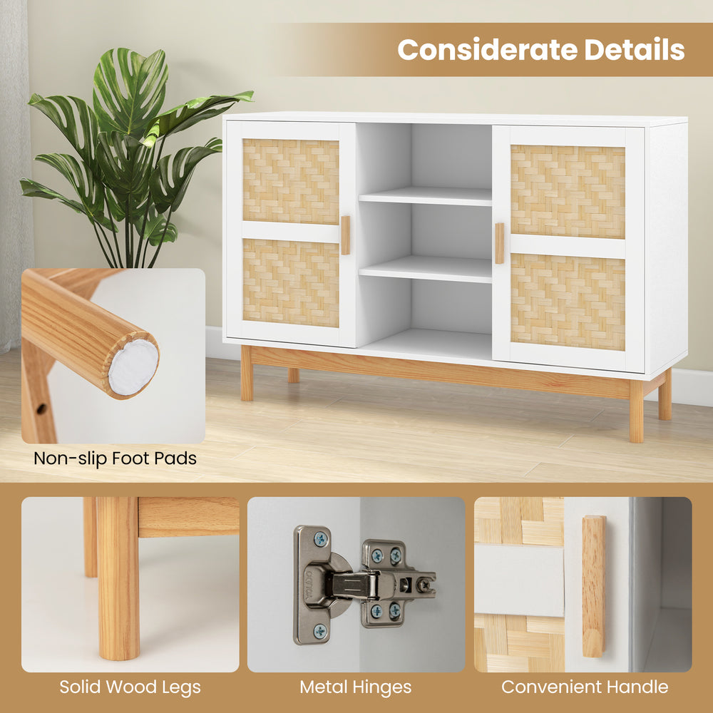 Side view of the 48-inch sideboard buffet cabinet with bamboo woven doors and solid wood legs, ideal for living room.