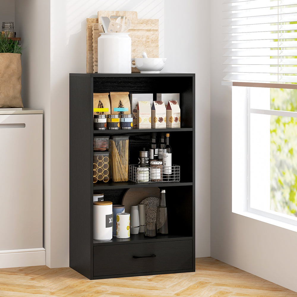 48 Inch Tall 4 Tiers Wood Bookcase with Drawer-Black - Gallery View 1 of 10