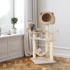 Multi-level cat tree with natural sisal scratching posts, plush hammock, and cozy condo for playful kittens.