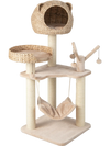Multi-level cat tree with natural finish, featuring a cozy condo, hammock, and playful hanging balls for kittens.
