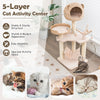 Multi-level cat tree with condo hammock, plush cushion, and hanging balls, perfect for climbing and lounging.