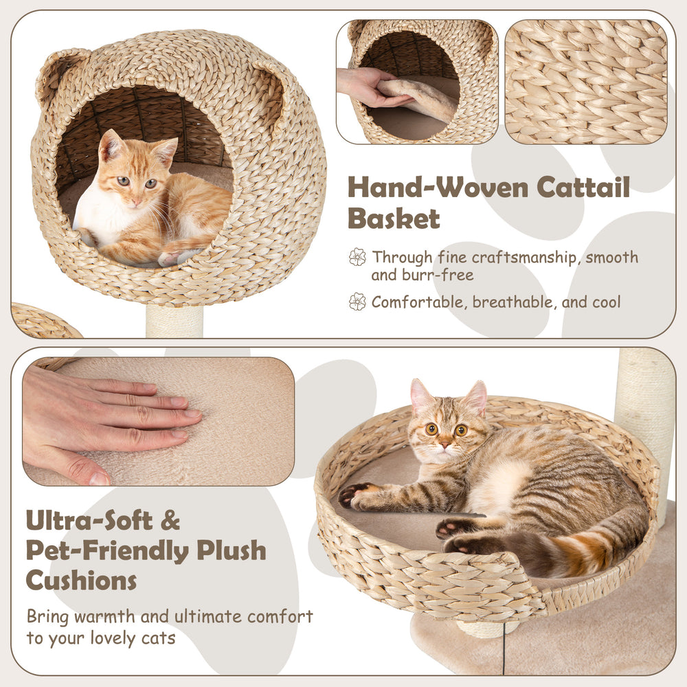 Multi-level cat tree featuring a natural cattail basket, soft plush cushions, and playful hanging balls for feline fun.