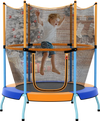 Toddler trampoline with safety enclosure net in orange, featuring curved metal legs and padded handles for stability.